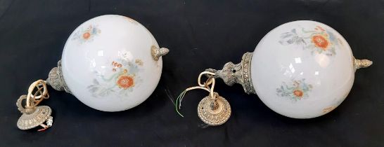A Vintage Pair of Decorative Globe Hand-Painted Milk Glass and Brass Hanging Light Shades. Approx