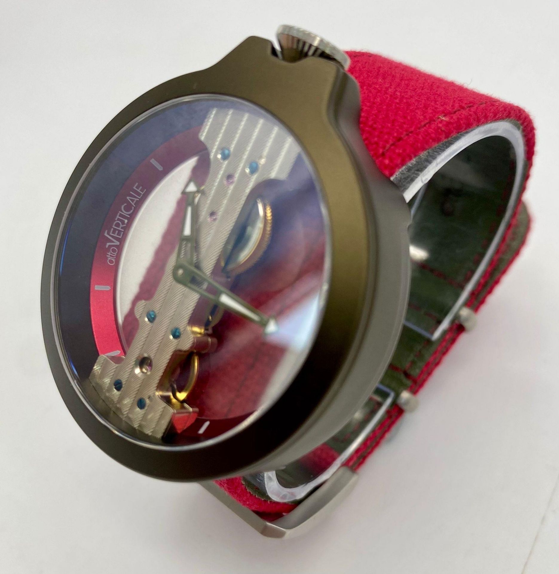 A Verticale Mechanical Top Winder Unisex Watch. Bright red textile strap. Rose gold tone ceramic - Image 2 of 3