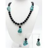A rare combination of fabulous black jade and large turquoise nuggets necklace and earrings set,