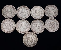 Nine Pre 1947 British Half Crown Silver Coins. Please see photos for finer details. 123.5g total