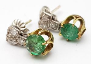 A Pair of Vintage Emerald and Diamond Earrings. 3.12g weight.