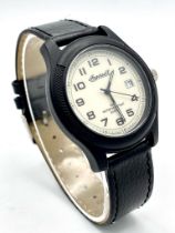 An Ingersoll Quartz Unisex Watch. Black leather strap. Case - 38mm. White dial with date window.