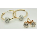 Two Pairs of 9K Gold White Stone earrings - Stud and Hoop Glitterball. 1.15g total weight.