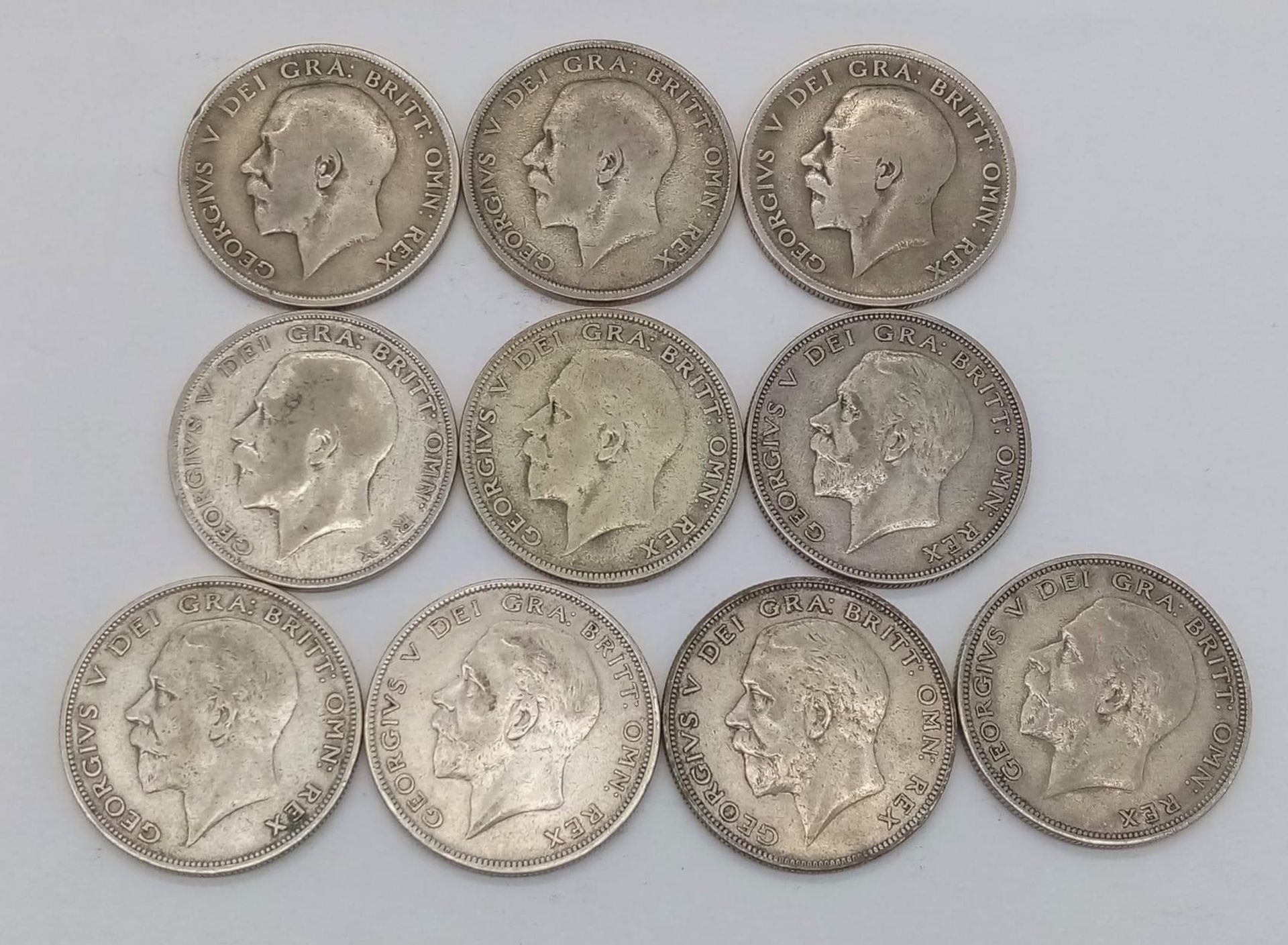 Ten Pre 1947 Silver Half Crown Coins. Different grades but please see photos. 138g total weight. - Image 2 of 2