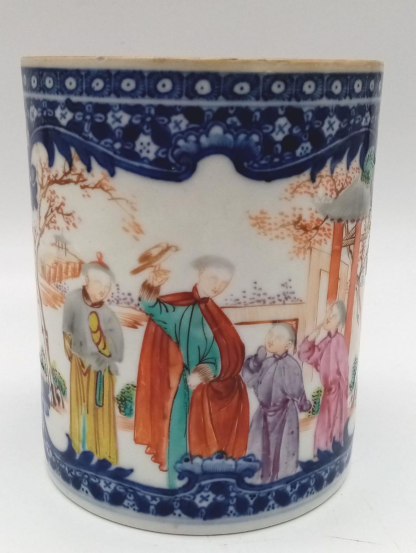 A large Antique 18th Century Chinese Hand-Painted Famille Rose mug - with a family garden scene. - Image 2 of 5
