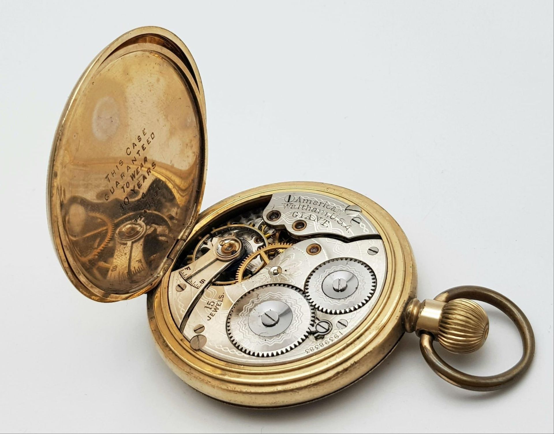 A Rare Antique (1913) Gold Plated Waltham Full Hunter Pocket Watch. 15 jewel. 19398383 movement. - Bild 5 aus 7