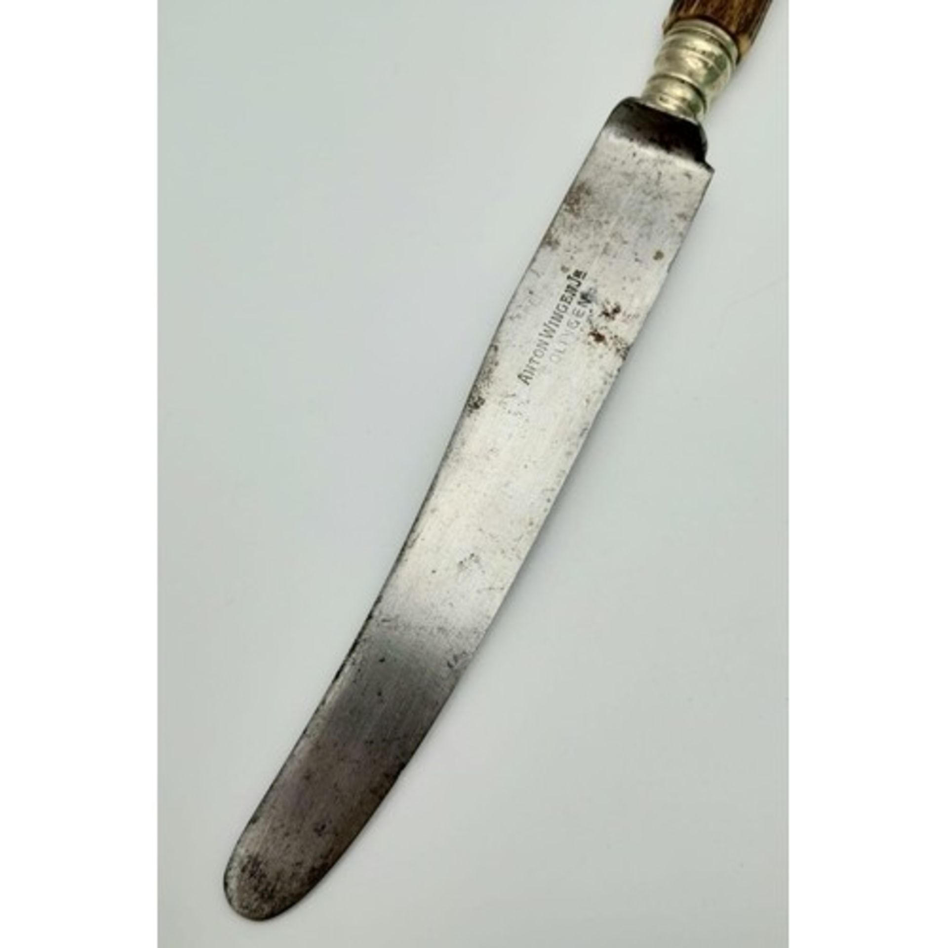 3rd Reich Hunting Association Antler handled knife with hand engraved logo. Maker Anton Wingen Jr. - Image 4 of 6