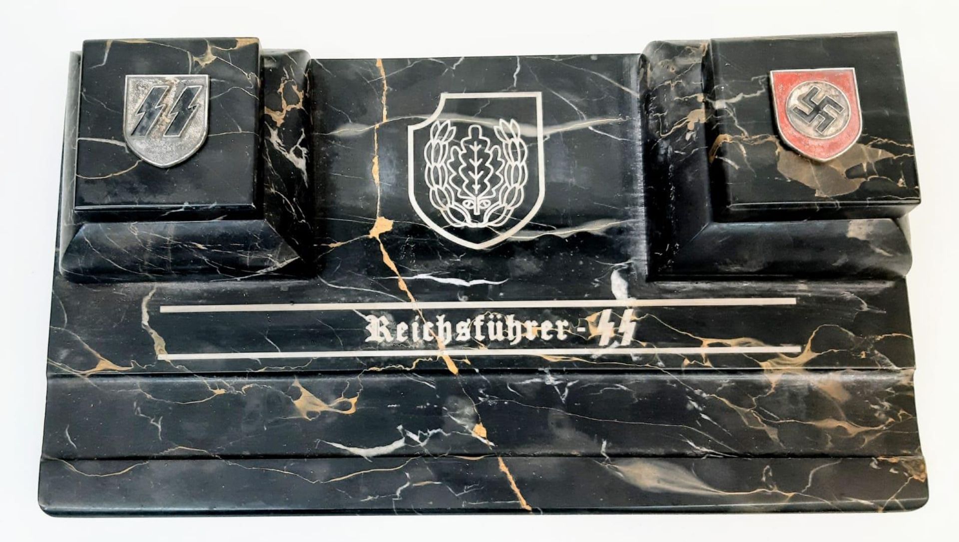 3rd Reich Ink Well Desk Set. With insignia of the 16th SS Panzergrenadier Division "Reichsführer-SS"