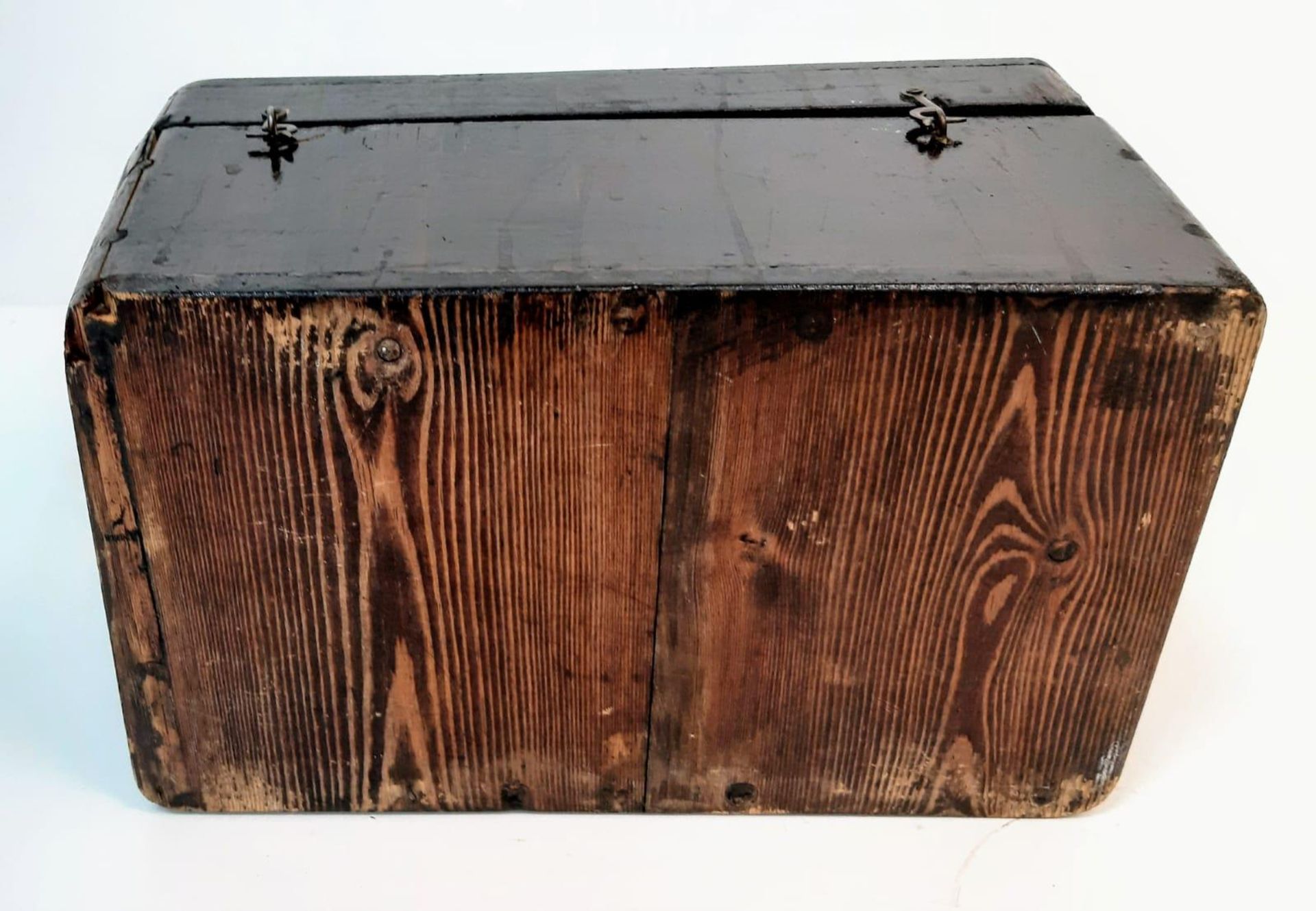 An Antique Wooden Box with an Attached Badge of Slipper Chapel, Walsingham. 27cm x 15cm x 14cm. - Image 6 of 6