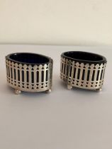 Pair of antique SILVER TRELLIS SALTS in Oval form with Glass liners present and intact. Standing