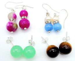 Four Pairs of Different Style Earrings. Tigers eye, aquamarine and pearl, green jade and