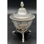 An Antique Italian Venetian Silver Sugar Bowl. Ornate acorn lid. Geometric pattern underside rim.