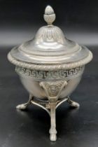 An Antique Italian Venetian Silver Sugar Bowl. Ornate acorn lid. Geometric pattern underside rim.