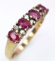 A 4 RUBY AND 6 DIAMOND 9K GOLD RING . 2.2gms size P
