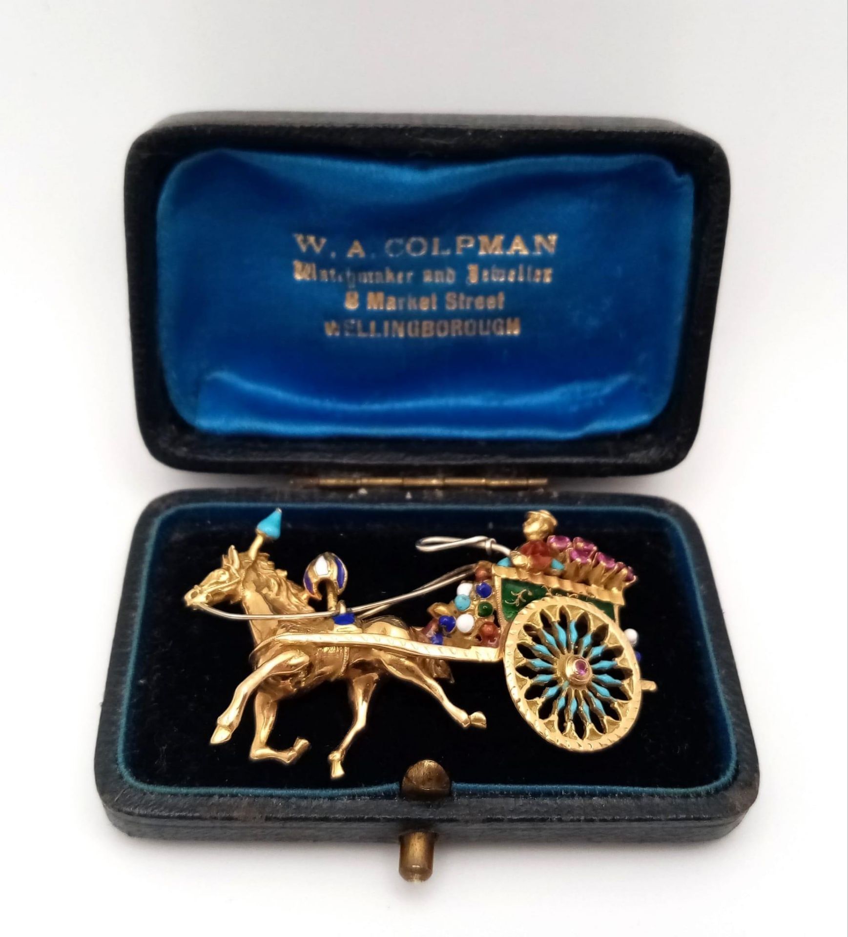 A Vintage 18K Yellow Gold Gemstone and Enamel Horse with Carriage Brooch. Incredible detail with - Image 8 of 8