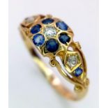 AN ANTIQUE 18K GOLD OLD CUT DIAMOND AND SAPPHIRE RING . 2.6gms size Q