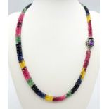 A Multi Sapphire Gemstone Two Strands Necklace with an Amethyst 925 Silver Clasp. Small rondelle