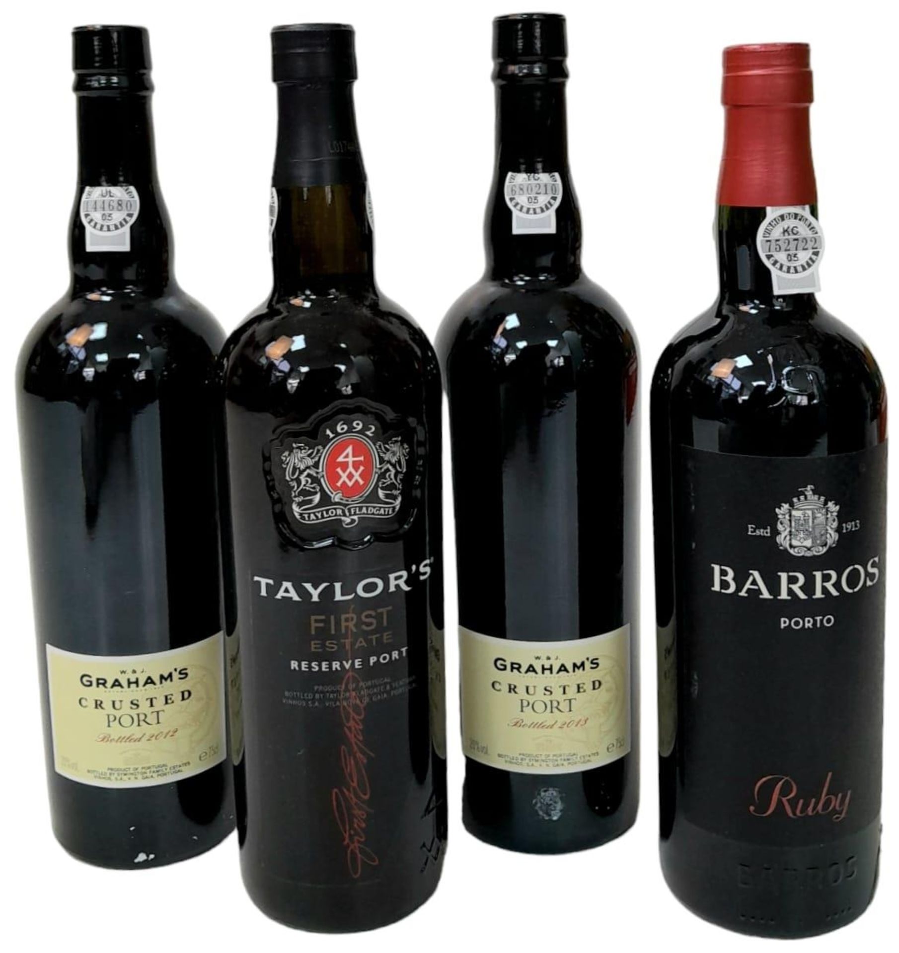 Four Bottles of Port: 2 x Grahams Crusted - 2012 and 2013 (75cl), Taylors First Estate (75cl), and a