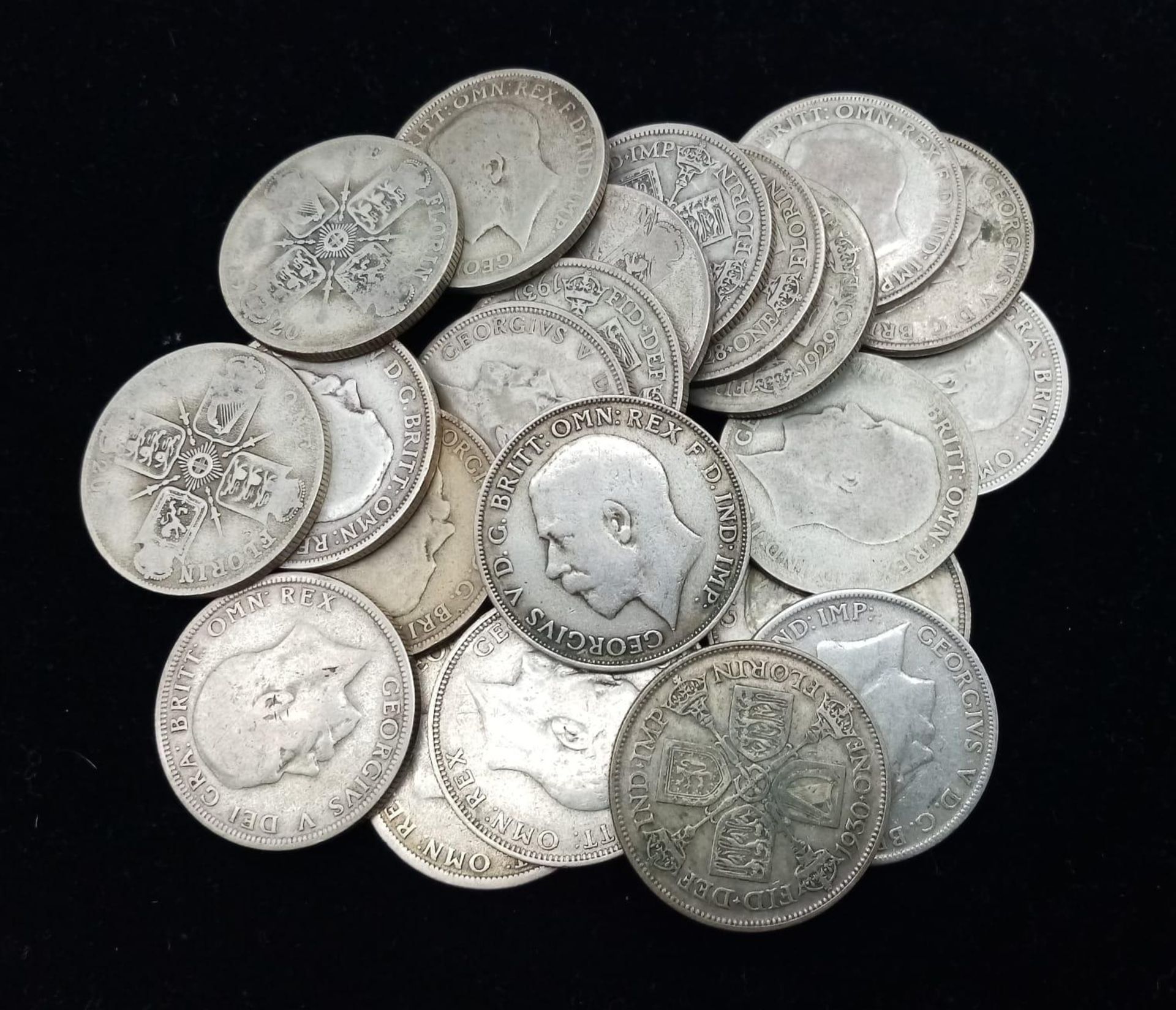 23 Pre 1947 Silver Florin Coins. Please see photos for conditions. 254g total weight.