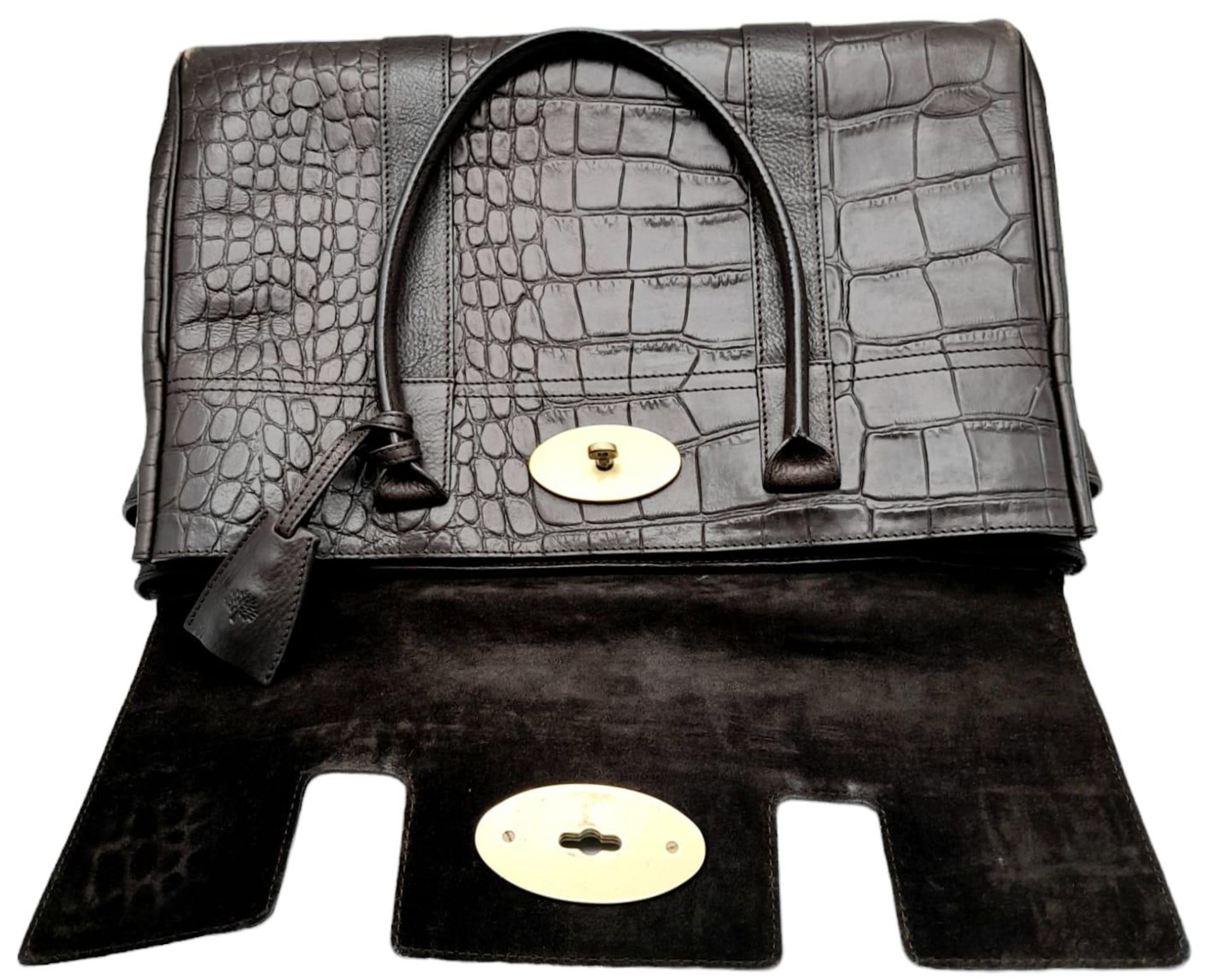 A Mulberry Chocolate 'Bayswater' Handbag. Croc embossed leather exterior with gold-toned hardware, - Image 7 of 12