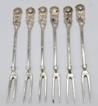 Six Antique Ornate 800 Silver Pickle/Relish Forks. 15cm length. 76g total weight.