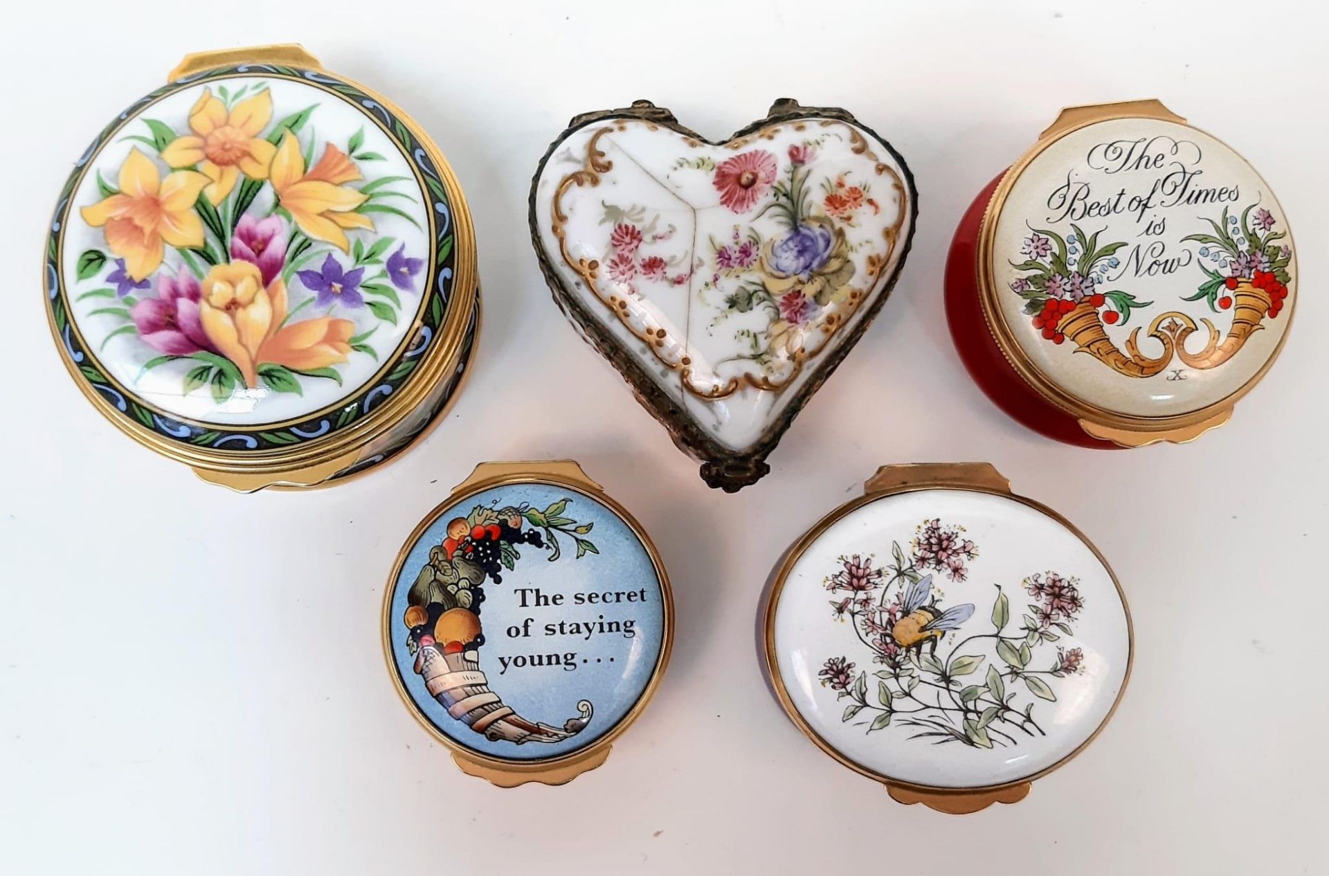 A Selection of Five Vintage/Antique Ceramic and Enamel Small Trinket Boxes. Different shapes, styles