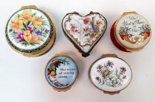 A Selection of Five Vintage/Antique Ceramic and Enamel Small Trinket Boxes. Different shapes, styles