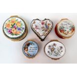 A Selection of Five Vintage/Antique Ceramic and Enamel Small Trinket Boxes. Different shapes, styles