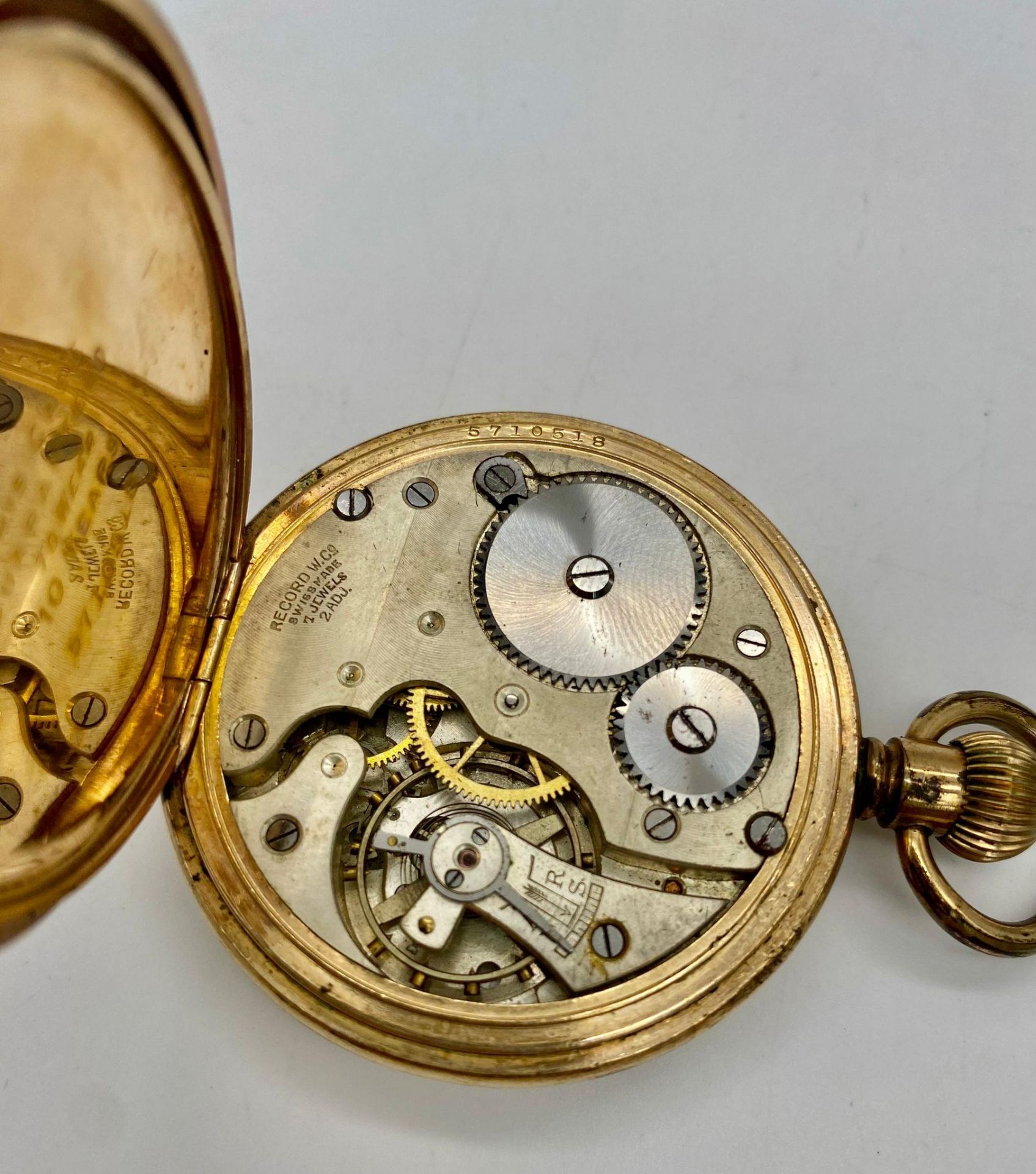 An Antique Gold Plated Record Watch Company Pocket Watch. 7 jewels. Top Winder. White dial with - Bild 5 aus 5