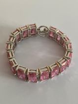 Fabulous SILVER and ROSE QUARTZ PANEL BRACELET. Having 17 Emerald Cut Gemstones set and mounted with