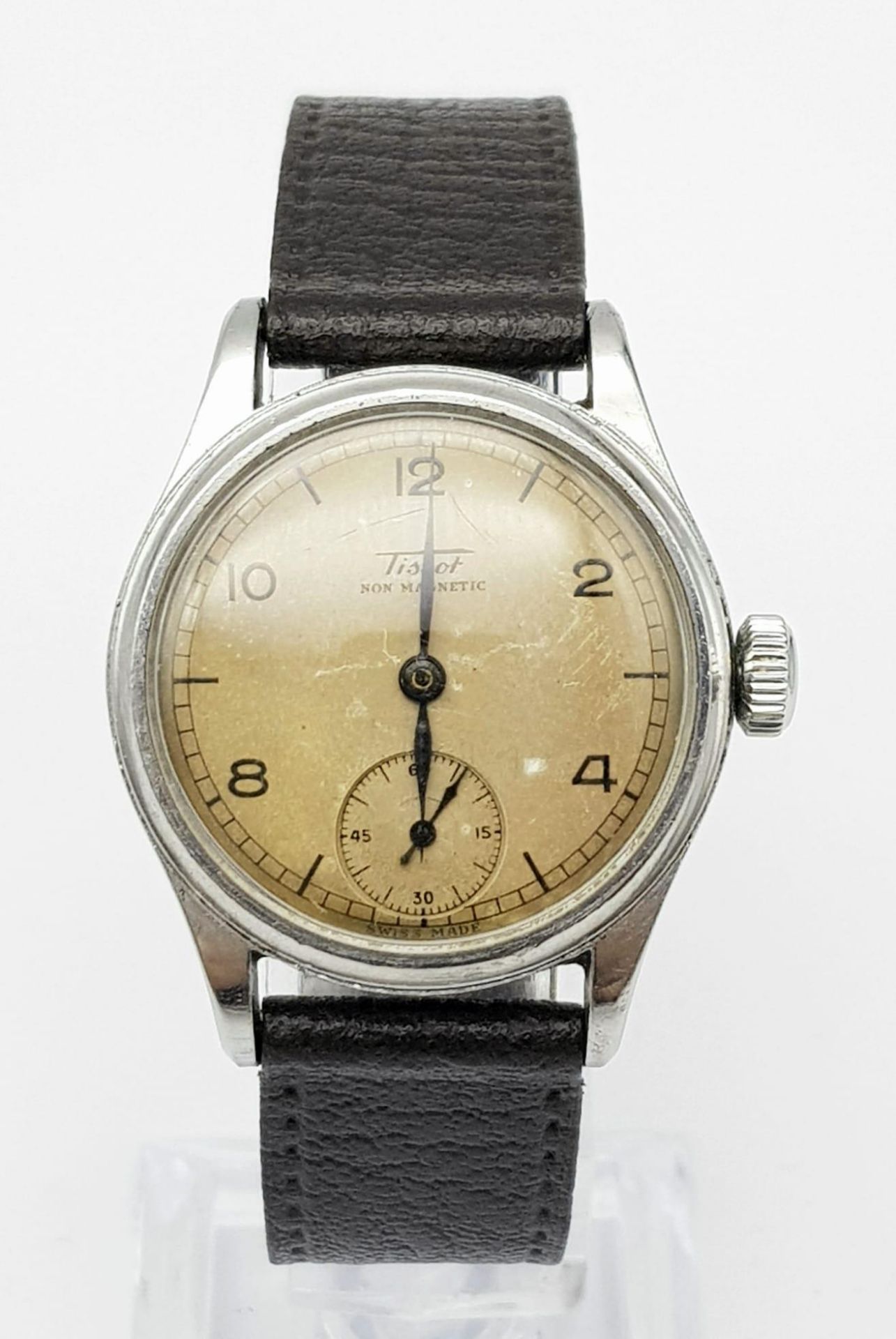 A Vintage Tissot Non-Magnetic Mechanical Gents Watch Black leather strap. Stainless steel case -