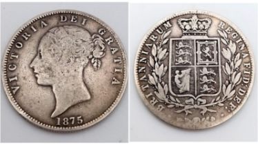 A Scarce Very Good to Fine Condition 1875 Queen Victoria Young Head Half Crown Coin. 13.76 Grams