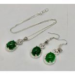 A sterling silver chain necklace and earrings set with pendants adorned with IMPERIAL JADE cabochons