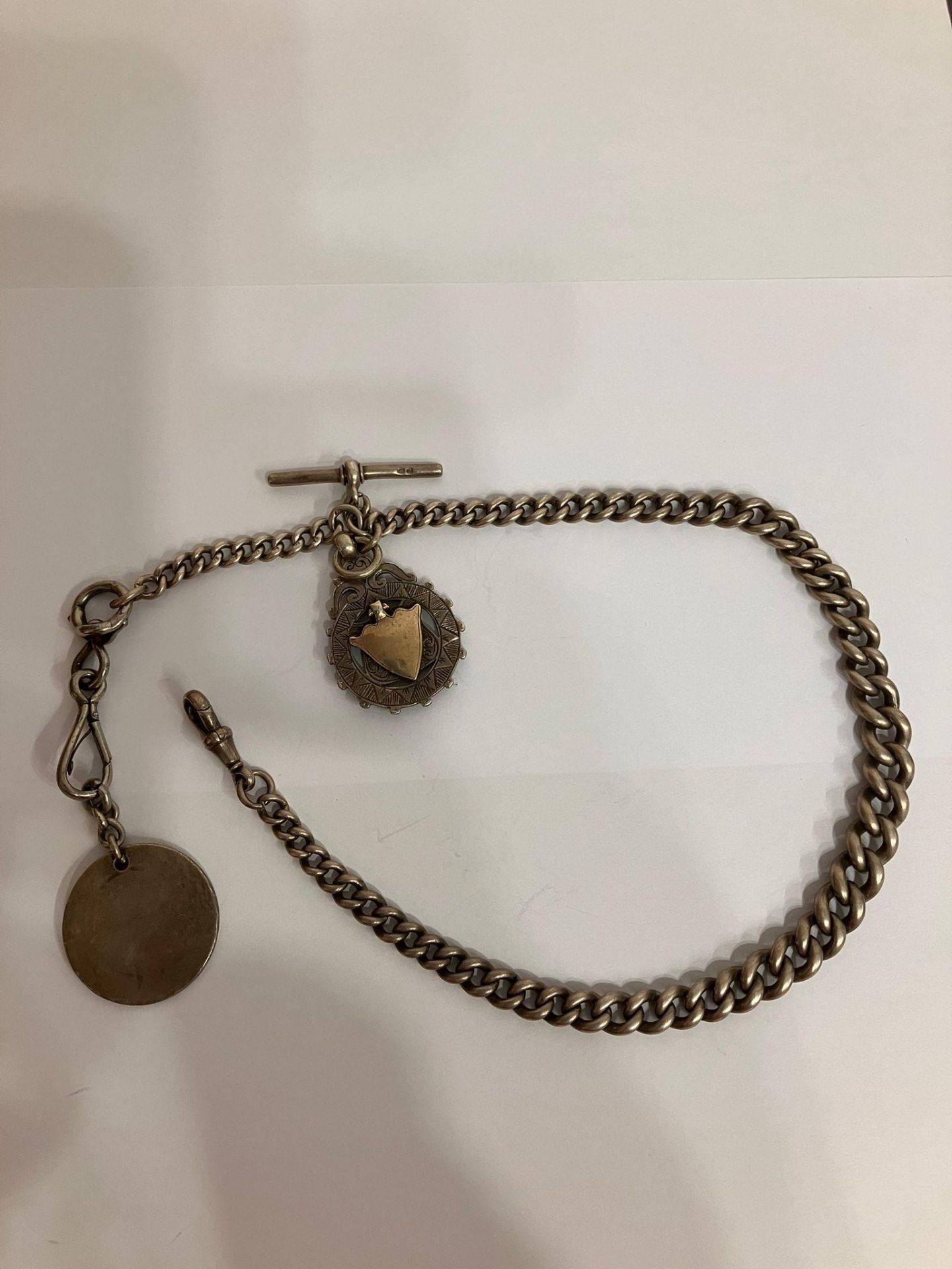 Antique SOLID SILVER ALBERT WATCH CHAIN Complete with T-bar and two Silver Fobs. To include an - Image 3 of 5