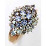 A 9K YELLOW GOLD DIAMOND & IOLITE CLUSTER RING 3.8G SIZE N 1/2 SC 4036