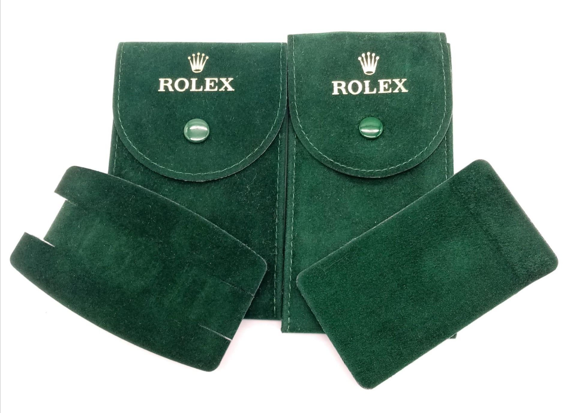 Two Different Sized Rolex Branded Travel Pouches. Soft green textile material. 12cm x 6cm and 11cm x