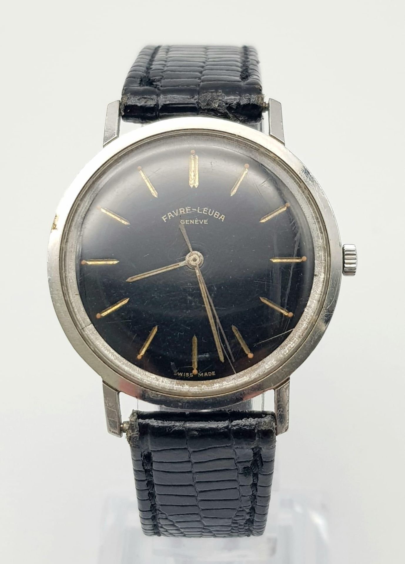 A Vintage Favre-Leuba Mechanical Gents Watch. Black leather strap. Thin stainless steel case - 33mm. - Bild 2 aus 5