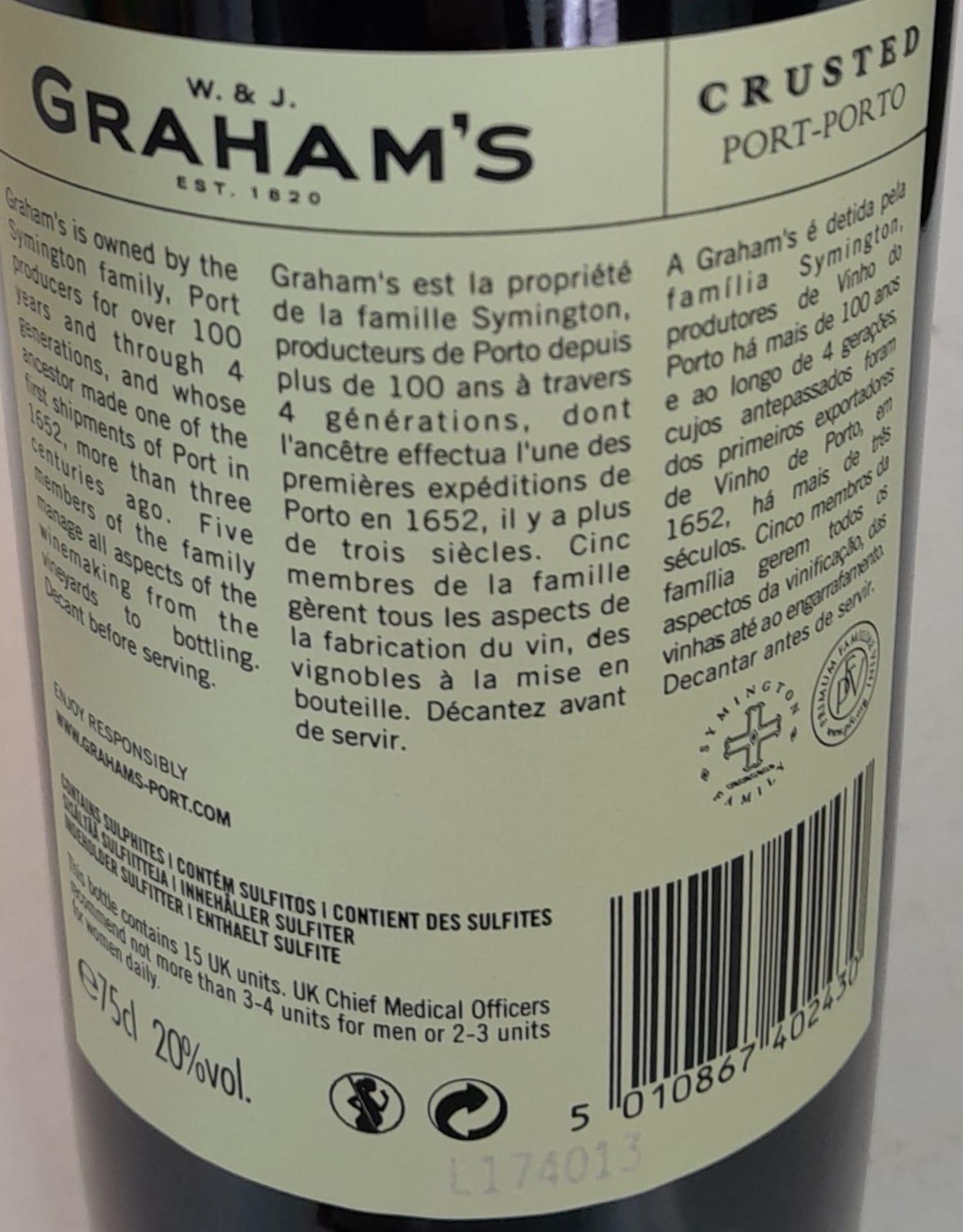 Four Bottles of Port: 2 x Grahams Crusted - 2012 and 2013 (75cl), Taylors First Estate (75cl), and a - Image 6 of 11