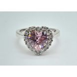 A STERLING SILVER PINK AND WHITE STONE SET IN THE HEART SHAPED CLUSTER RING 4G SIZE J 1/2 ref: SC