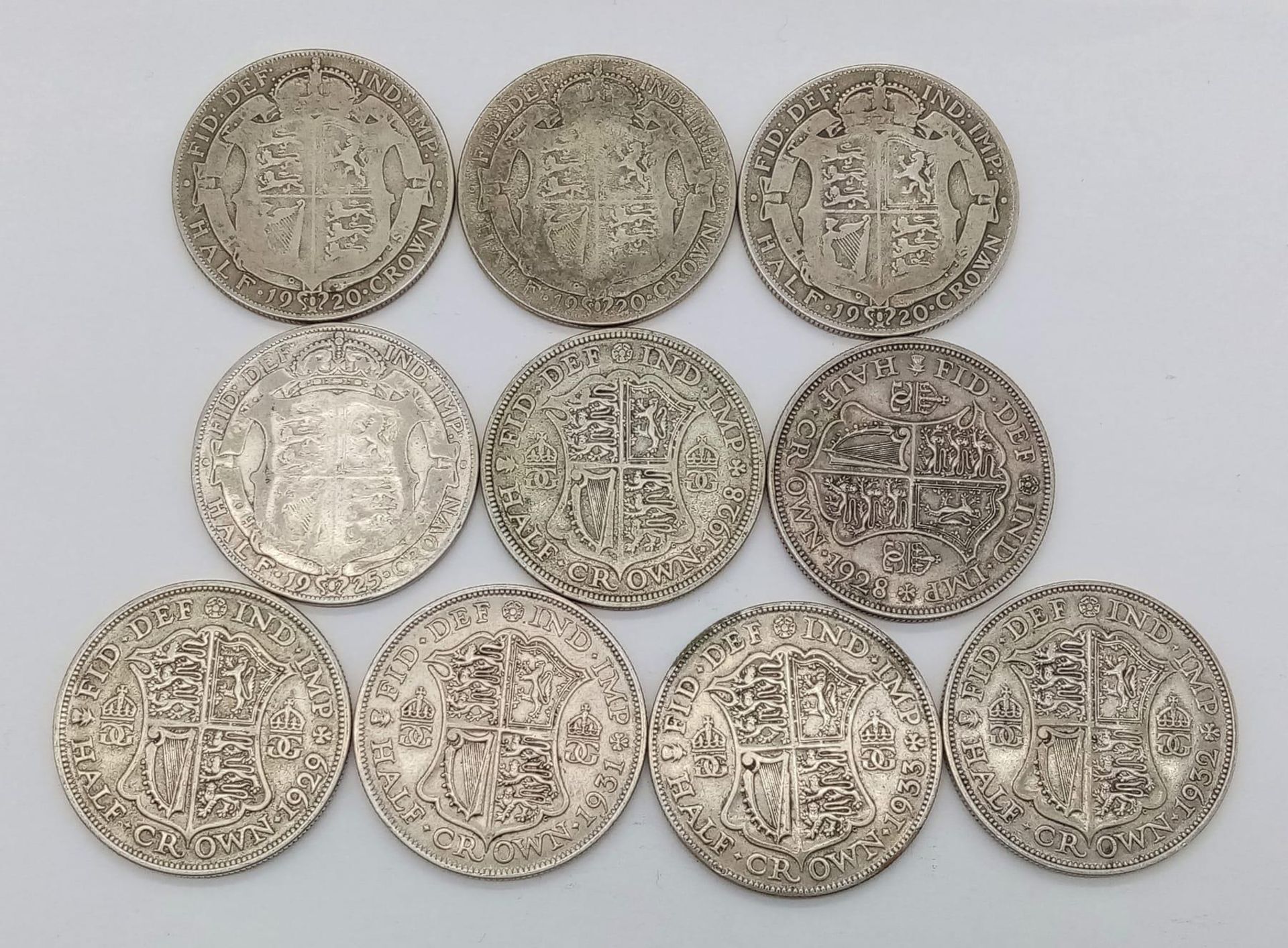 Ten Pre 1947 Silver Half Crown Coins. Different grades but please see photos. 138g total weight.