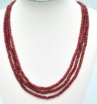 A 245ctw 3 Strand Ruby Necklace with a 925 Silver Clasp. 49cm length, 48.67g total weight. Ref: CD-