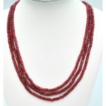 A 245ctw 3 Strand Ruby Necklace with a 925 Silver Clasp. 49cm length, 48.67g total weight. Ref: CD-