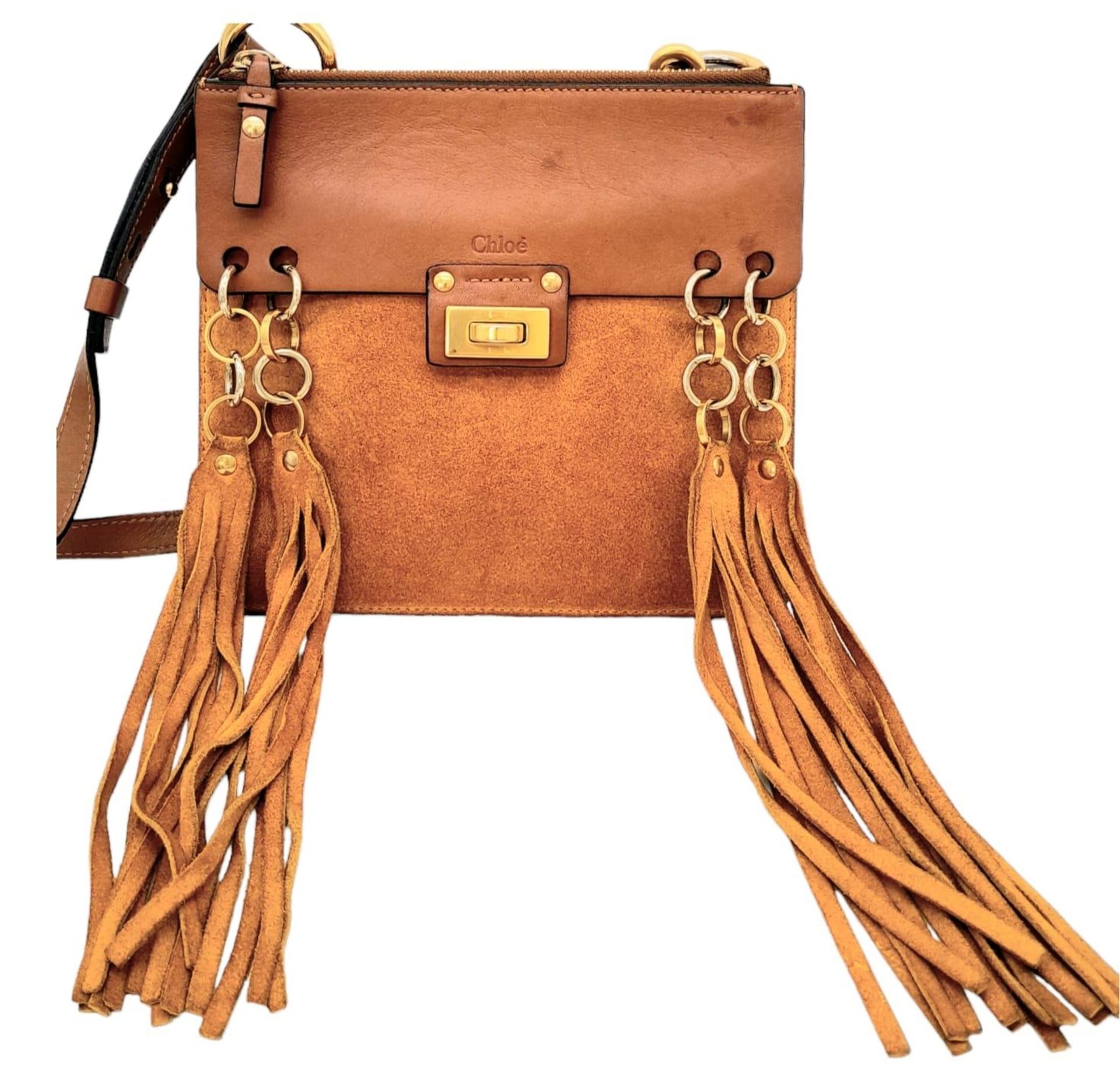 A Chloe Brown and Mustard 'Jane' Shoulder Bag. Leather and suede exterior with gold-toned