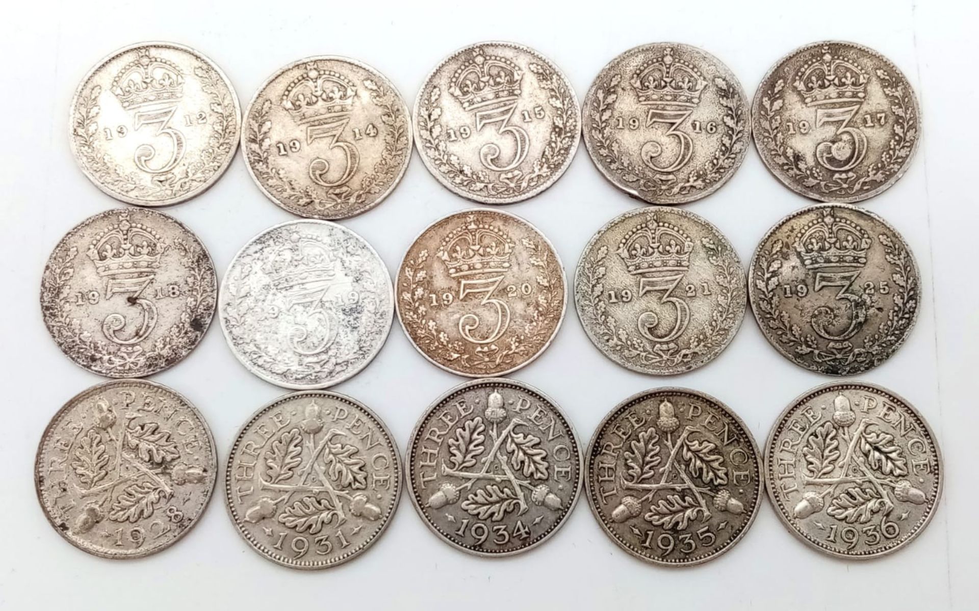 15 Pre 1947 George V Silver 3 Pence Coins. 1912- 36 range. Decent grades but please see photos. - Image 2 of 2