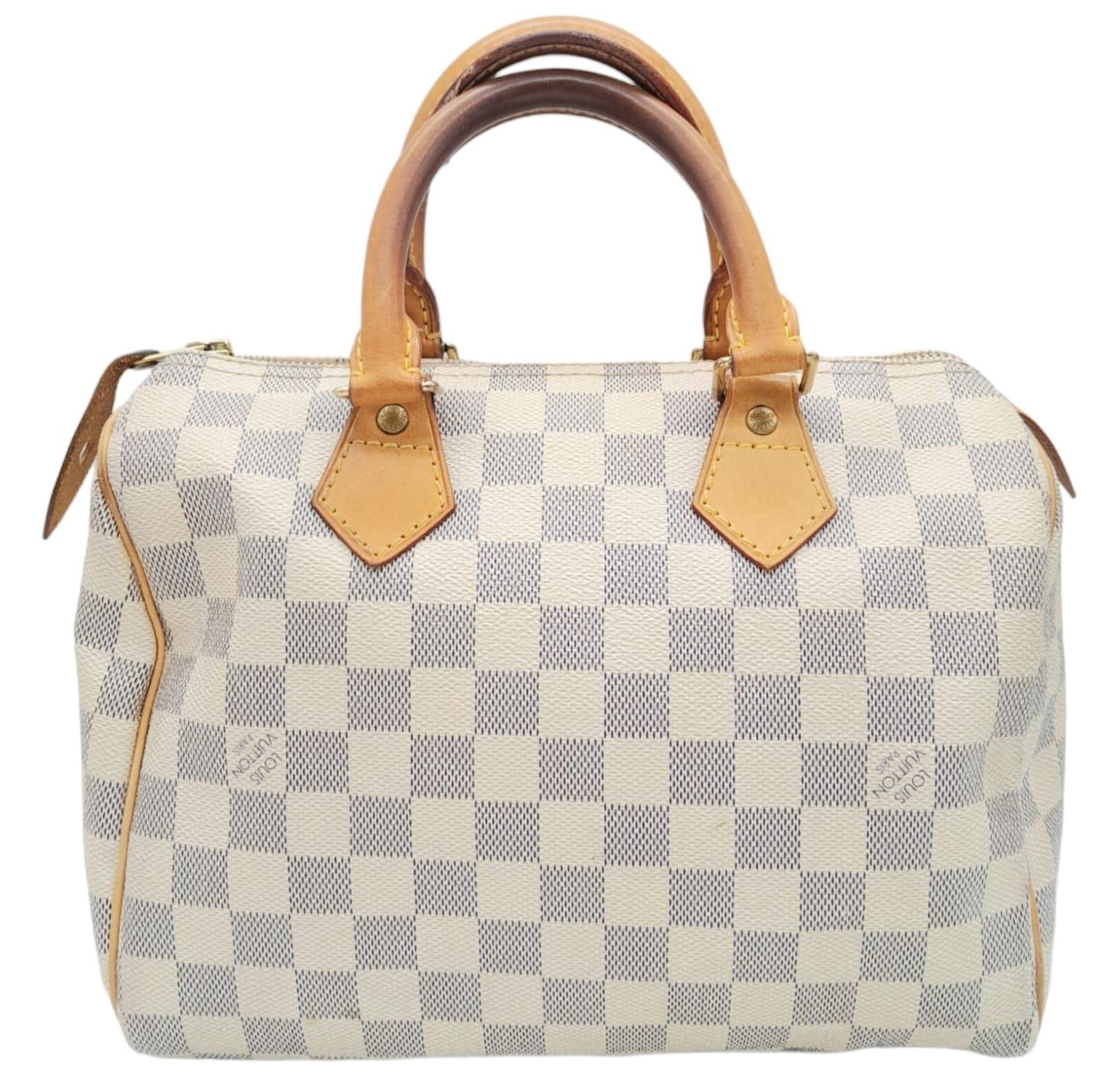 A Louis Vuitton White Canvas Damier Azur Speedy Handbag. Leather exterior, Rolled leather handles, a