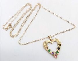 A 9K yellow gold 'DEAREST' heart necklace set with diamond, emeralds, amethyst, ruby, sapphire and
