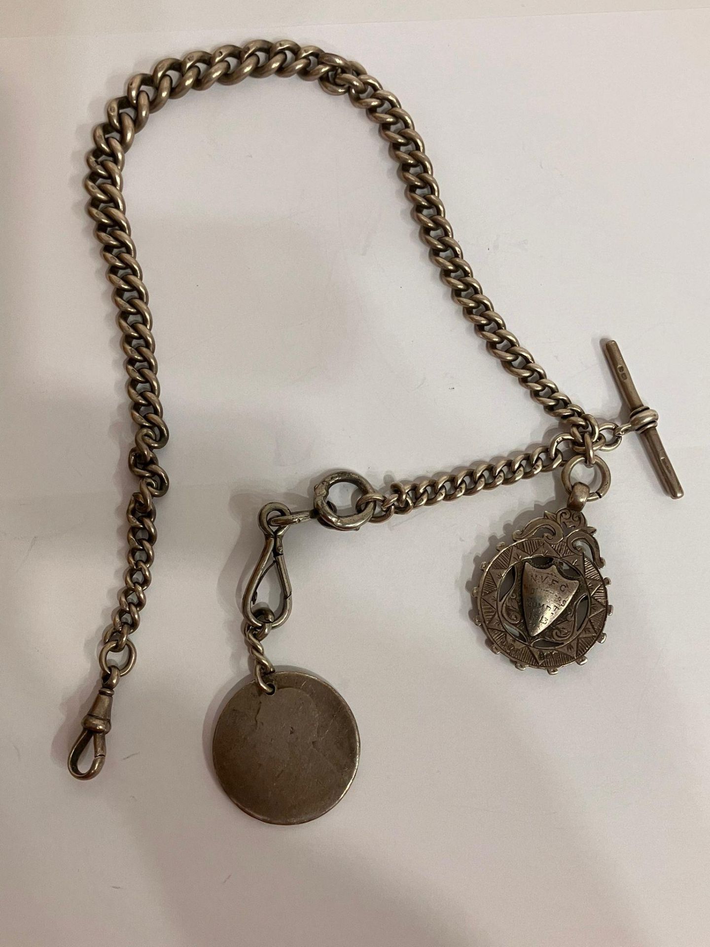 Antique SOLID SILVER ALBERT WATCH CHAIN Complete with T-bar and two Silver Fobs. To include an