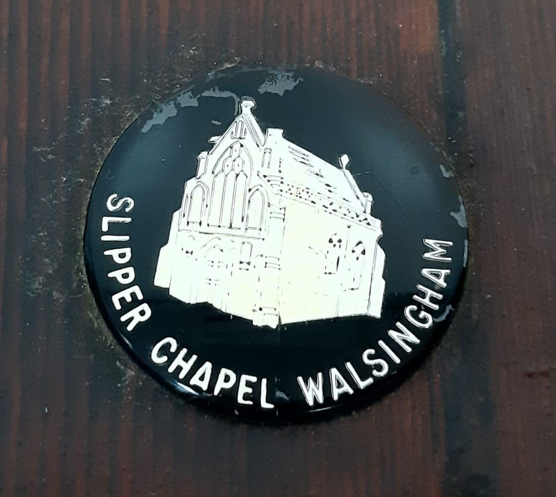An Antique Wooden Box with an Attached Badge of Slipper Chapel, Walsingham. 27cm x 15cm x 14cm. - Image 3 of 6