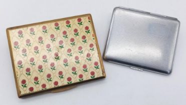 Two Vintage Cigarette Cases. White metal case plus a Rose decorative and gilded interior case.