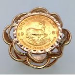 A 1/10 Ounce Krugerrand Ring 1981 - Set in 9K Gold. Size Q. 6.76g total weight.